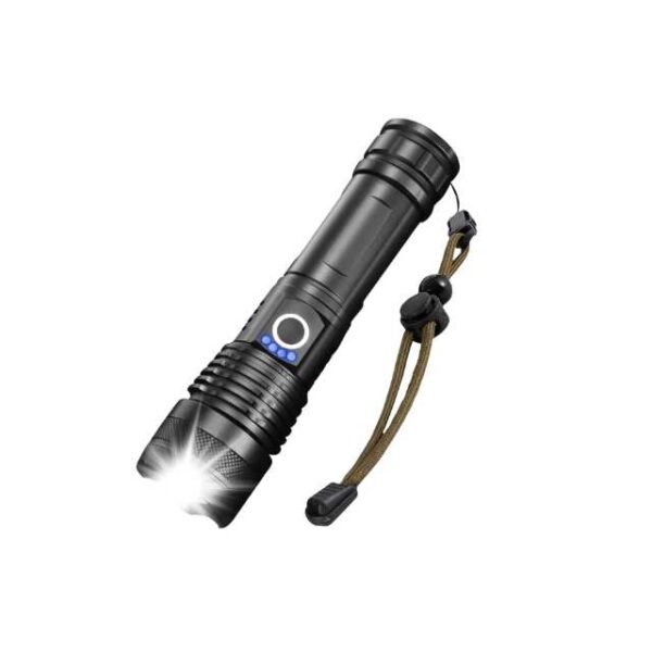 Black tactical torch light with 5 light modes, lanyard, and metal body.