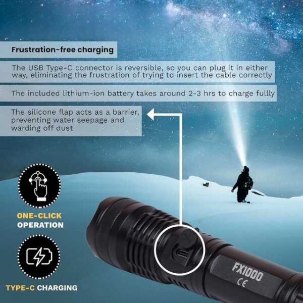 Frustration-free tactical torch light with easy charging.