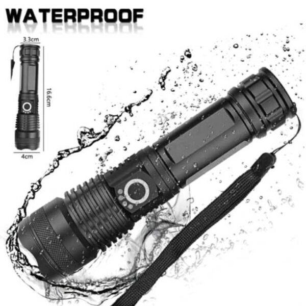 Waterproof tactical torch light, 16.6cm tall.