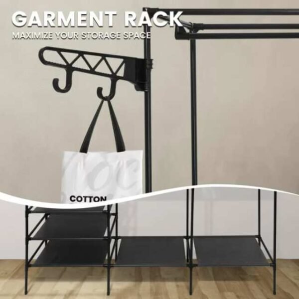 3-Section clothes rack maximizes storage space.