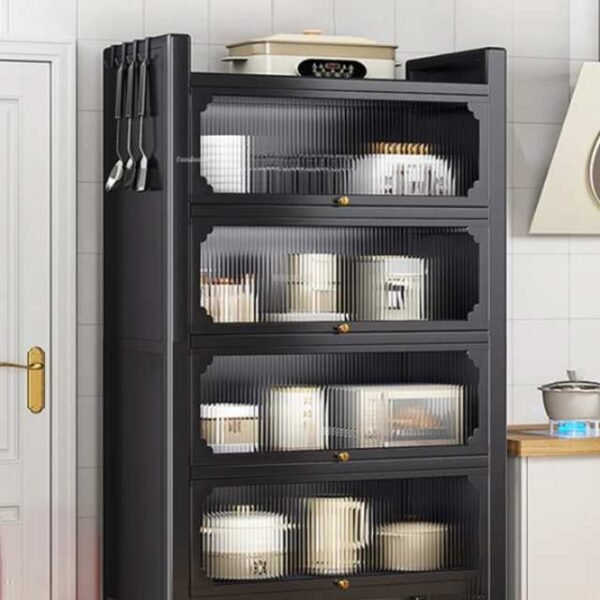 Modern 5-layer kitchen cabinet in kitchen for appliances and utensils.