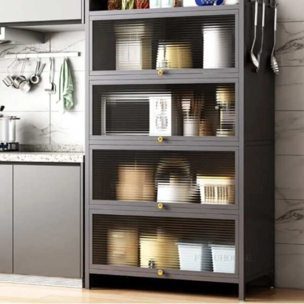 Multi-layer storage cupboard for kitchen or living room.