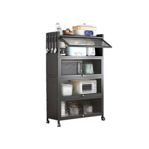 Grey 5-layer kitchen cabinet with 4 storage shelves for kitchen organization.