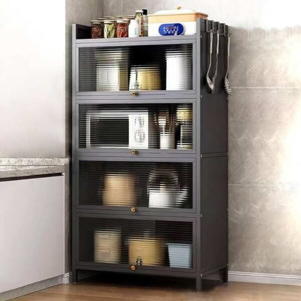 5-layer kitchen cabinet in corner with steel structure and acrylic glass doors.