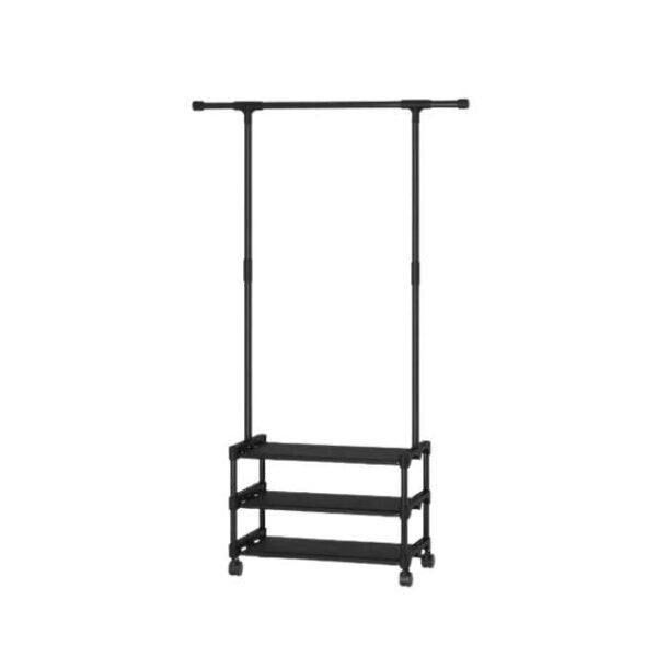 Durable Black Single Pole Clothes Rack with Movable Wheels and Telescopic Design.