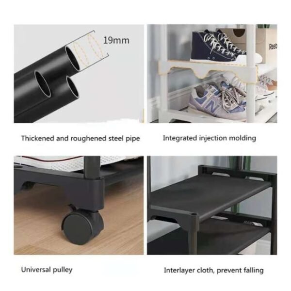 Top Features of Black Single Pole Clothes Rack: Thickened Steel Pipes, Movable Wheels, Slip-resistant Shelves.