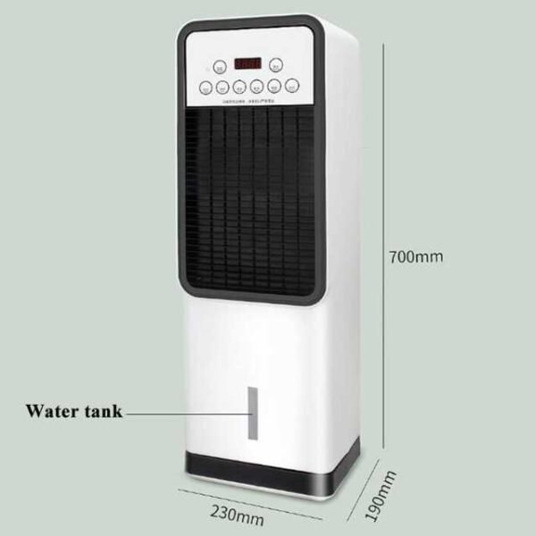 AC Air Cooler Compact Dimensions: 23 x 19 x 70 cm (L x W x H).