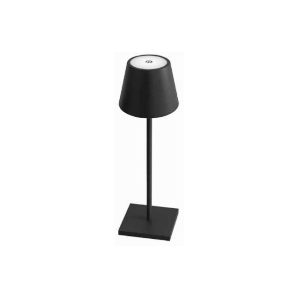 Black bedside table lamp with rechargeable design and modern look.