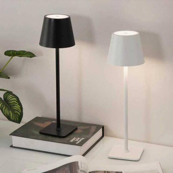 Sleek black and white bedside table lamp with touch control.