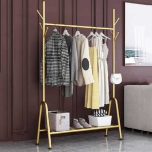 Golden Coat Rack, Clothes Stand with 8 Hooks and Shoes Shelf