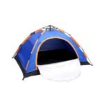 Portable camping tent in blue and orange.