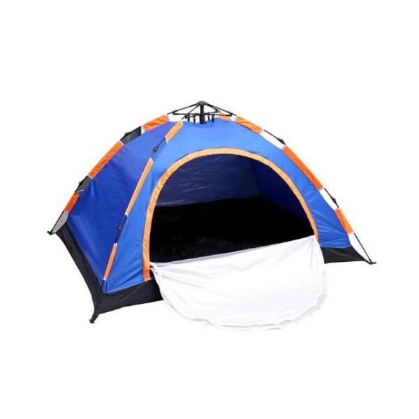 Portable camping tent in blue and orange.