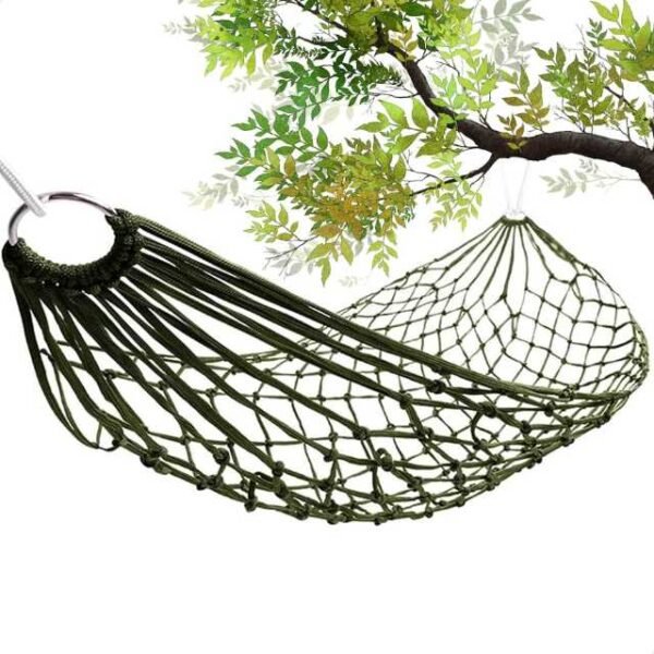 Outdoor net hammock tied to tree.