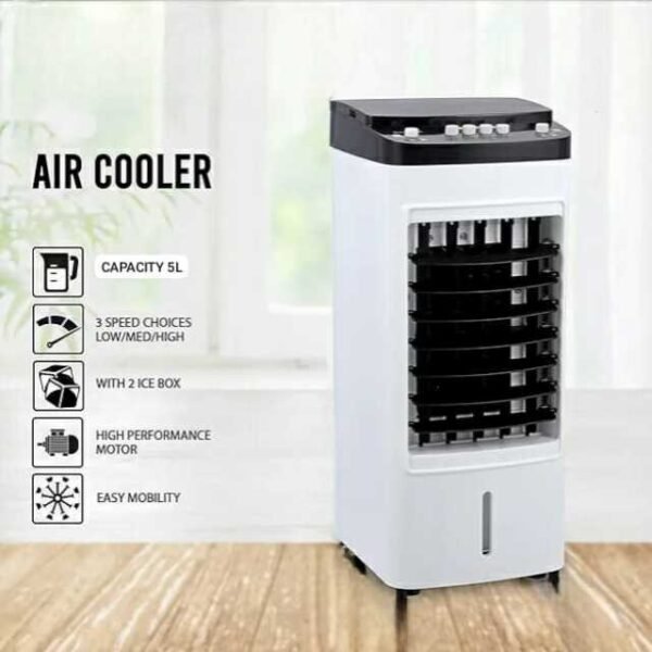 Portable air cooler with 5L water tank, 3 speeds, and high performance 65W motor.