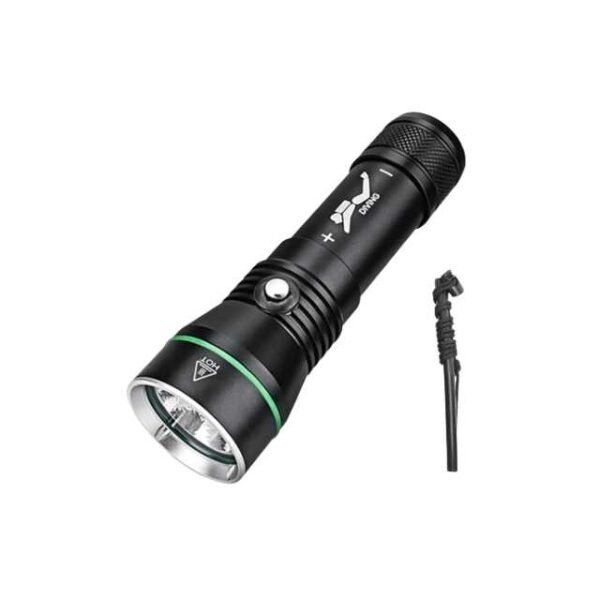 S3 scuba diving flashlight with aluminum body and hand rope.