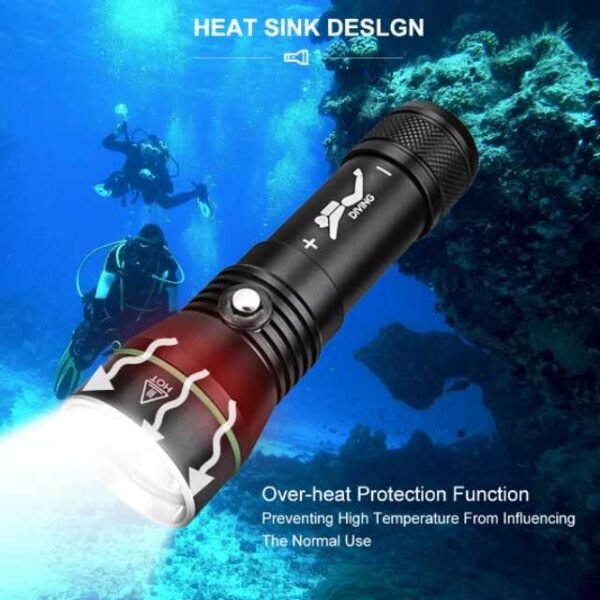 S3 scuba diving flashlight with heat sink design and overheating protection.