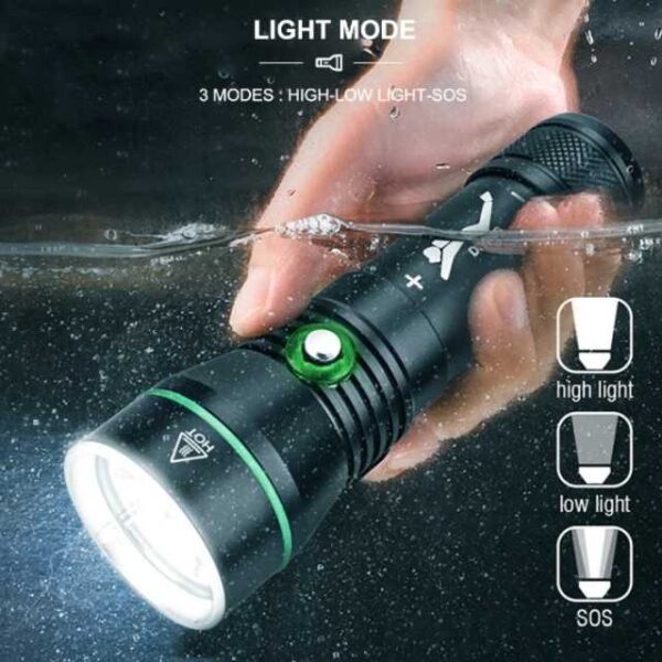 S3 scuba diving flashlight with 3 light modes: High, low, SOS.