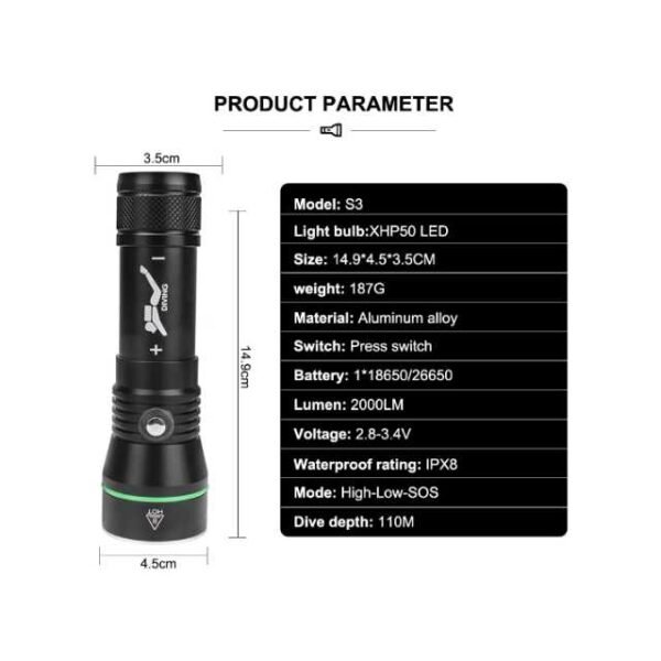 S3 scuba diving flashlight parameters including dimensions and weight.