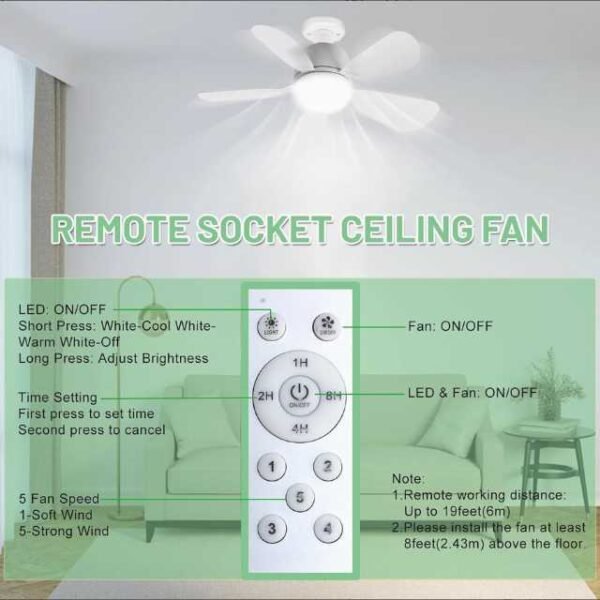 Socket lamp fan with remote control for convenience, fits small rooms, offices, living rooms and bedrooms easily.