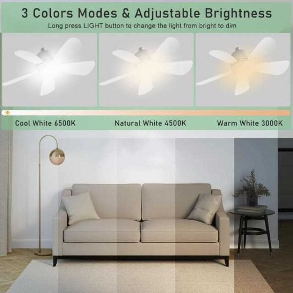 Socket lamp fan with 3 color modes and adjustable brightness: cool white, natural white and warm white.