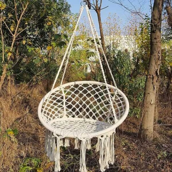 Outdoor beige swing hammock chair perfect for camping and gardens.