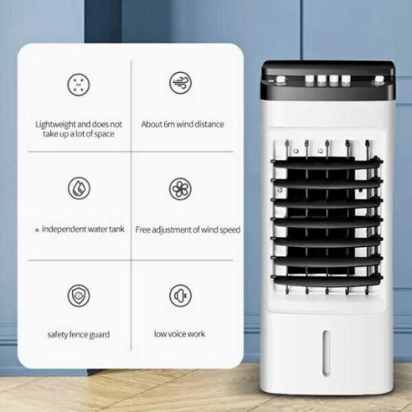 Portable air cooler with 6m wind distance, lightweight design, and water/ice tank.