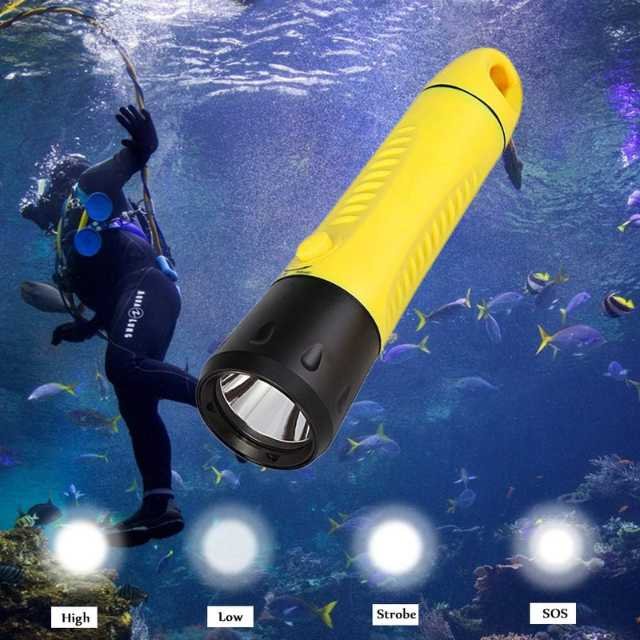 Yupard diving flashlight with high, low, strobe, and SOS light modes.