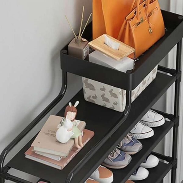 Close view of breathable shelves on shoe organizer.