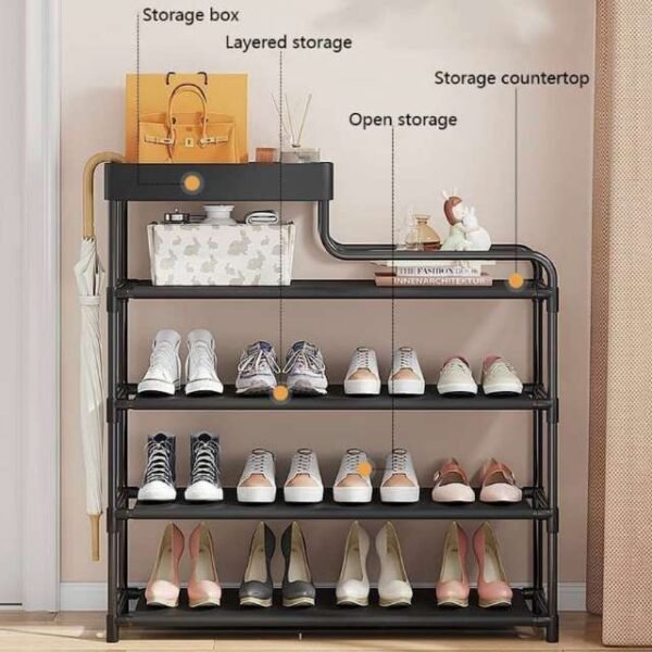 Top features of 4-layer shoe organizer with top storage box.