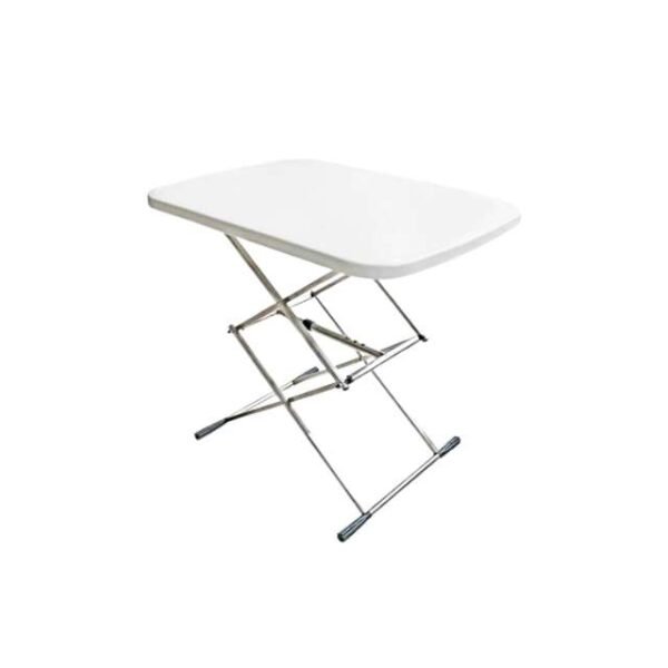 Adjustable folding table in white with three height settings for versatile use.