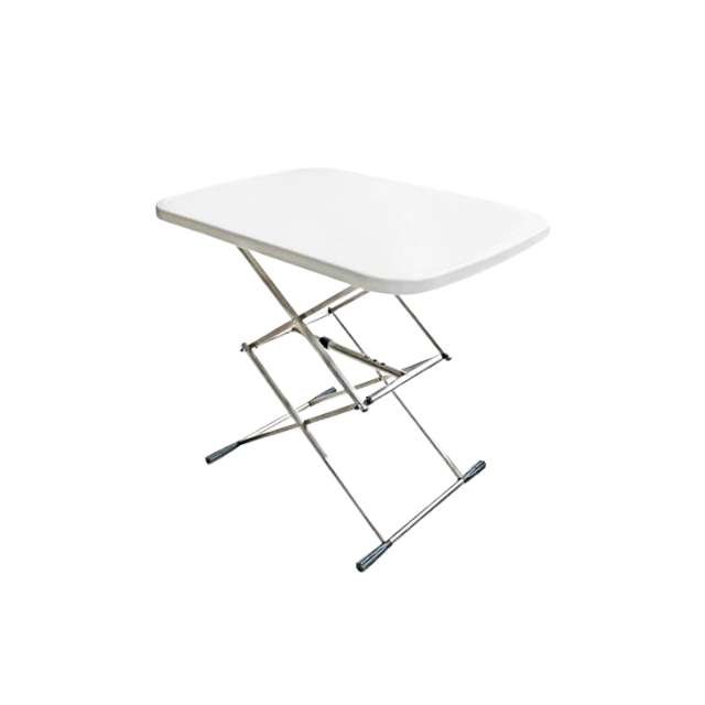 Adjustable folding table in white with three height settings for versatile use.