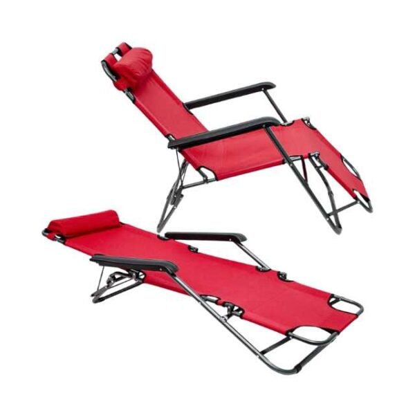 Reclining chair with two positions. Switches from a camping chair to a full sun lounger effortlessly.