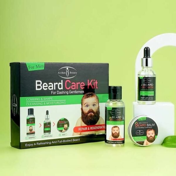 Aichun Beauty Beard Growth Kit with Shampoo, Vitamin E Oil, and Balm