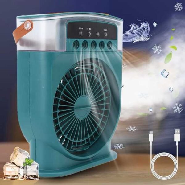 Rechargeable air cooler fan lasting up to 5 hours.