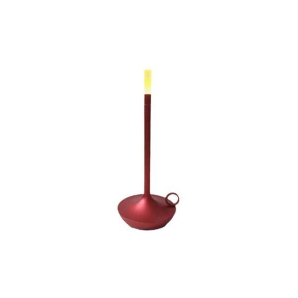 Aladdin table lamp in red on white background.