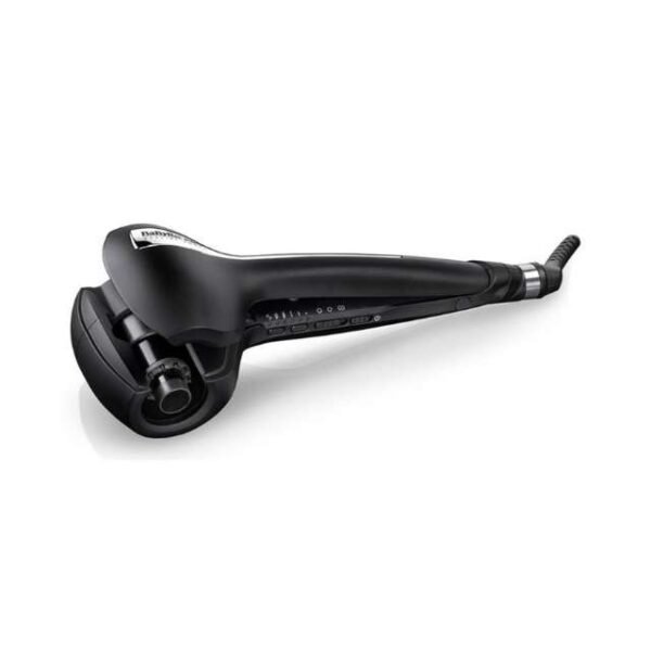 Babyliss curling iron in sleek black placed on white background.