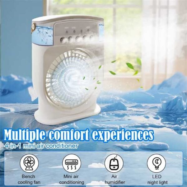 Rechargeable air cooler fan with LED lights and humidifier.