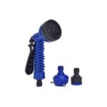 Blue garden spray nozzle with connectors on white background.