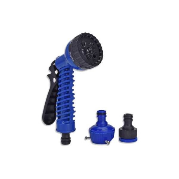 Blue garden spray nozzle with connectors on white background.