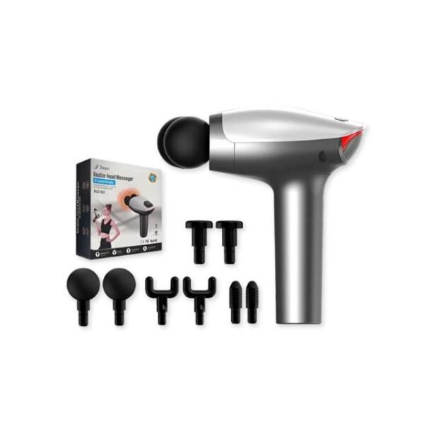 Double head massage gun with 8 heads and 10 speeds on white background.