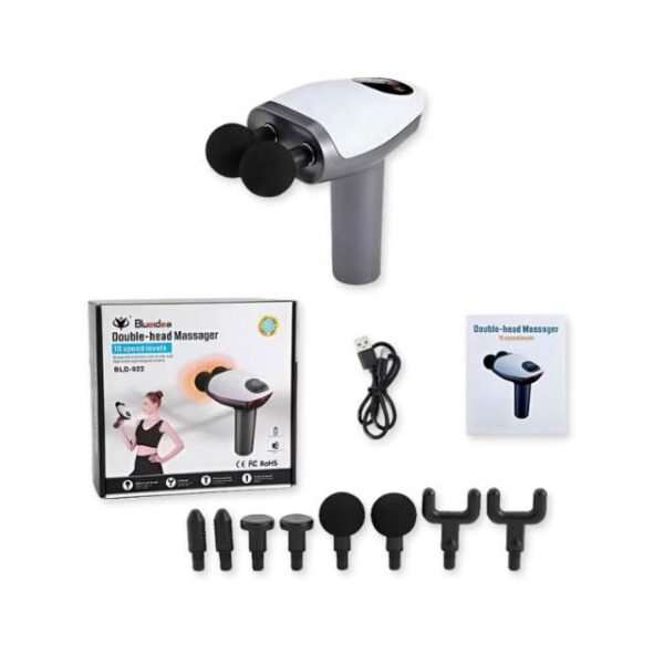 Neatly packaged double head massage gun with 8 heads and accessories.