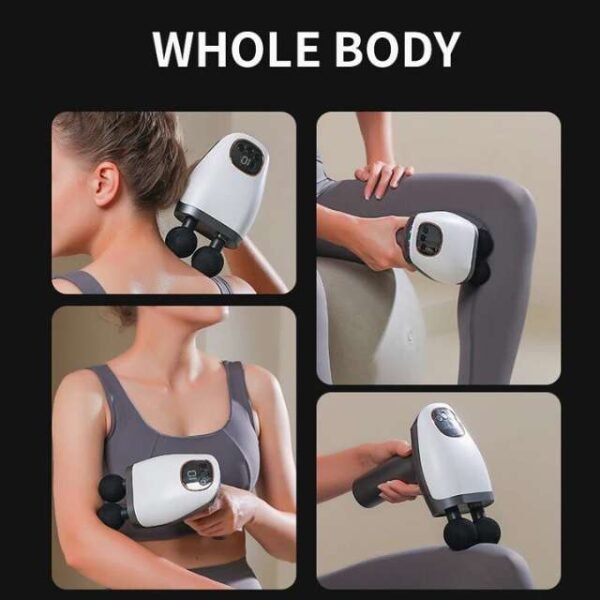 Woman using double head massage gun for whole-body pain relief.