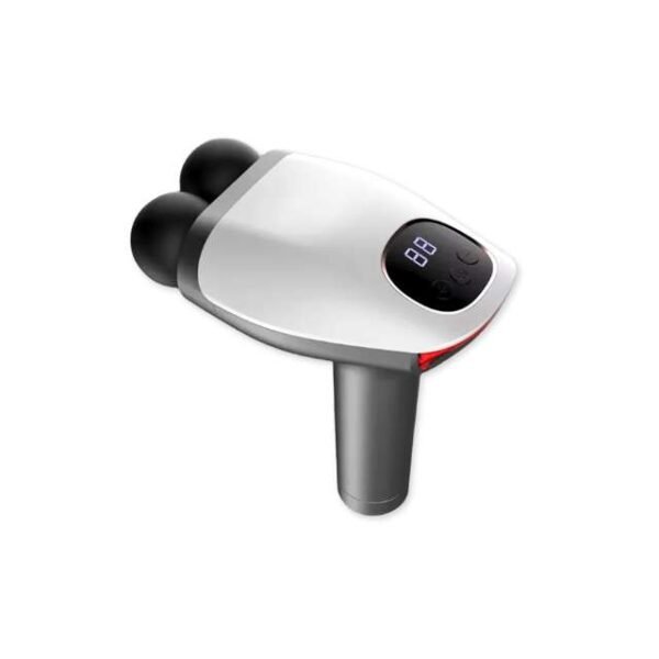 Portable white and grey double head massage gun with LCD screen.