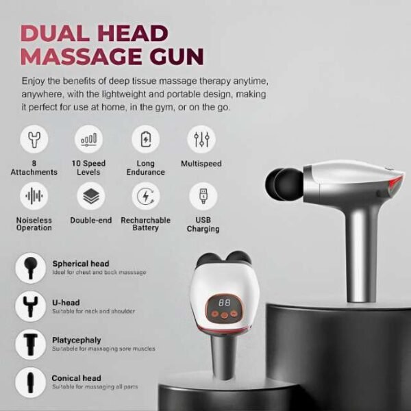 Double head massage gun with 8 heads and long battery life.