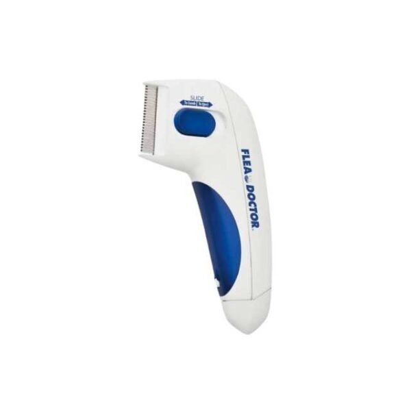 Flea zapper brush in white and blue for effective flea removal.