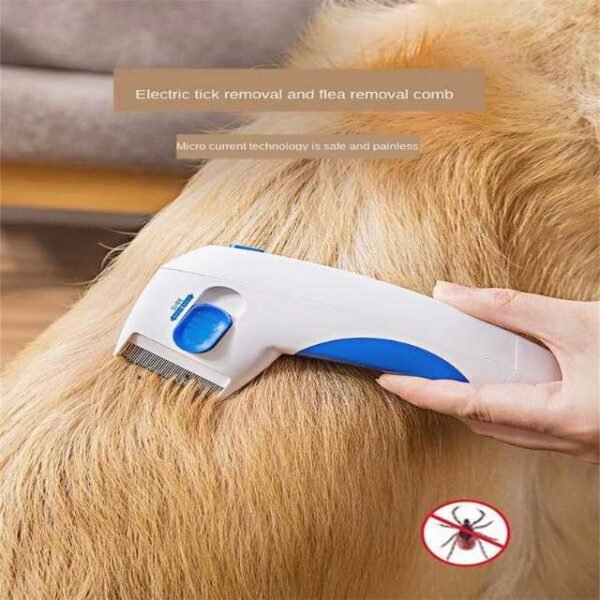 Flea doctor comb in use on a dog's fur for tick and flea removal.