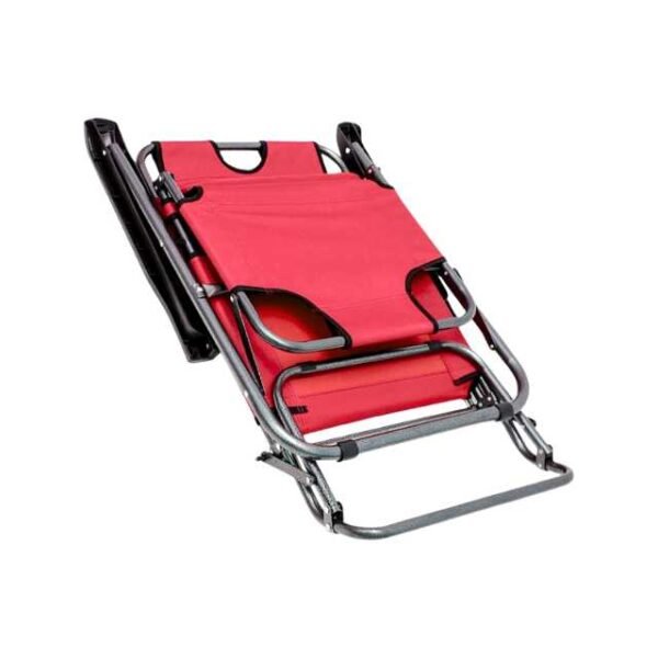 Lightweight reclining chair folds completely. Ideal for camping, garden, and beach.