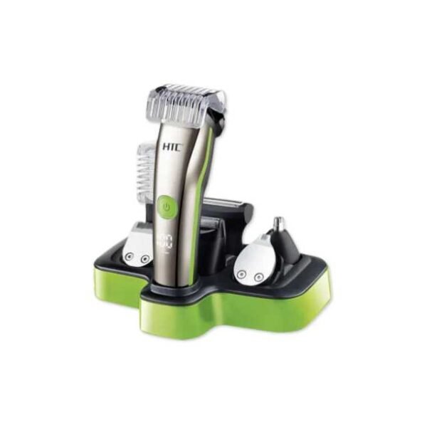 HTC hair clipper set neatly organized with attachments and stylish box.