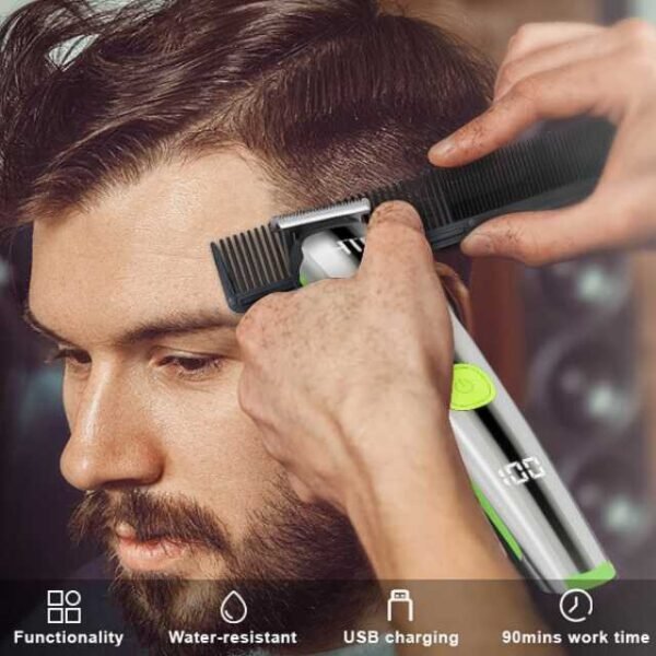 HTC beard trimmer features multifunctional heads, water-resistant, and USB charging.