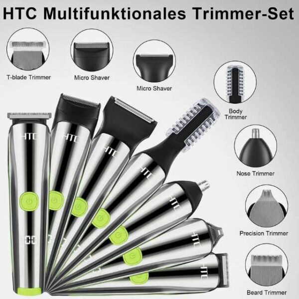 HTC beard trimmer includes 7 heads for diverse hair shaving needs.